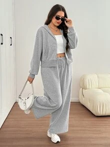 SHEIN LUNE Setelan Hoodie Lengan Panjang Kasual Lembut Ukuran Besar untuk Olahraga dan Celana Longgar dengan Kantong dan Tali Serut di Pinggang, Cocok untuk Musim Gugur, Formal, Santai, Olahraga, dan Gym, Warna Abu-abu. - Grey - View 3