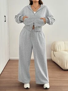 SHEIN LUNE Setelan Hoodie Lengan Panjang Kasual Lembut Ukuran Besar untuk Olahraga dan Celana Longgar dengan Kantong dan Tali Serut di Pinggang, Cocok untuk Musim Gugur, Formal, Santai, Olahraga, dan Gym, Warna Abu-abu. - Grey - View 5
