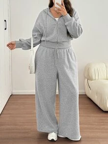 SHEIN LUNE Setelan Hoodie Lengan Panjang Kasual Lembut Ukuran Besar untuk Olahraga dan Celana Longgar dengan Kantong dan Tali Serut di Pinggang, Cocok untuk Musim Gugur, Formal, Santai, Olahraga, dan Gym, Warna Abu-abu. - Grey - View 7