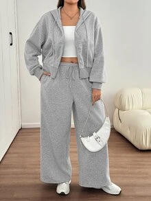 SHEIN LUNE Setelan Hoodie Lengan Panjang Kasual Lembut Ukuran Besar untuk Olahraga dan Celana Longgar dengan Kantong dan Tali Serut di Pinggang, Cocok untuk Musim Gugur, Formal, Santai, Olahraga, dan Gym, Warna Abu-abu. - Grey - View 6