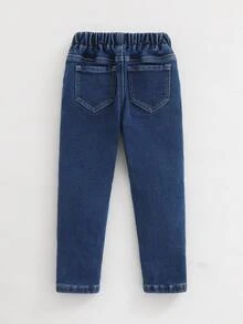 SHEIN Vintaside Kids 男童牛仔長褲，秋冬款，柔軟棉質，休閒時尚百搭，極簡風，全鬆緊腰頭，可調節抽繩，磨毛面料，柔軟舒適，修身彈性，深藍水洗牛仔長褲，適合日常穿著與度假 - 深色水洗藍 - 查看 2