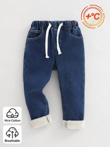 SHEIN Vintaside Kids 男童牛仔長褲，秋冬款，柔軟棉質，休閒時尚百搭，極簡風，全鬆緊腰頭，可調節抽繩，磨毛面料，柔軟舒適，修身彈性，深藍水洗牛仔長褲，適合日常穿著與度假 - 深色水洗藍 - 查看 3