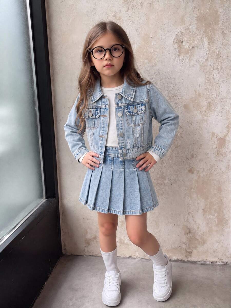 SHEIN 少女淺藍色牛仔破洞百褶裙兩件套,學院風,舒適柔軟棉質牛仔布料,破洞撕裂水洗質感,短版修身剪裁,適合返校季、音樂節、日常出遊、上學通勤、派對、度假等多場合,休閒可愛百搭,春夏新品 - 淺色水洗藍 - 查看 1