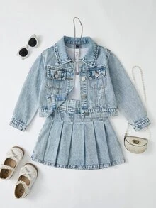 SHEIN 少女淺藍色牛仔破洞百褶裙兩件套，學院風，舒適柔軟棉質牛仔布料，破洞撕裂水洗質感，短版修身剪裁，適合返校季、音樂節、日常出遊、上學通勤、派對、度假等多場合，休閒可愛百搭，春夏新品 - 淺色水洗藍 - 查看 3