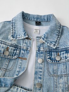 SHEIN 少女淺藍色牛仔破洞百褶裙兩件套，學院風，舒適柔軟棉質牛仔布料，破洞撕裂水洗質感，短版修身剪裁，適合返校季、音樂節、日常出遊、上學通勤、派對、度假等多場合，休閒可愛百搭，春夏新品 - 淺色水洗藍 - 查看 7