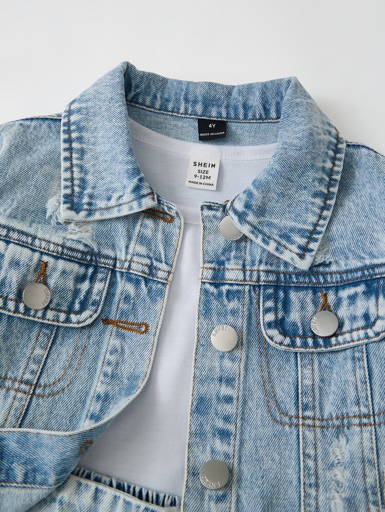 SHEIN Young Girl Light Blue Denim Distressed Pleated Skirt 2 Pieces Set, Preppy Style, Made Of Comfortable Soft Cotton Denim Fabric, Distressed Ripped Washed Effect For Texture, Cropped Fit For Height And Snug Fit, Suitable For Back To School, Music Festivals, Daily Outings, School Commute, Parties, Vacations And More, Casual Cute And Versatile, Spring/Summer New Arrival - Light Wash - View 7