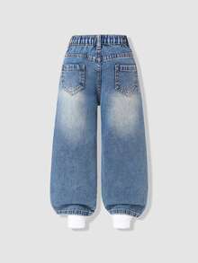 SHEIN Young Girl Y2K Street Daily Elastic Waist Straight Jeans With Flat Pockets Daily OOTD Autumn Winter - Medium Wash - View 2