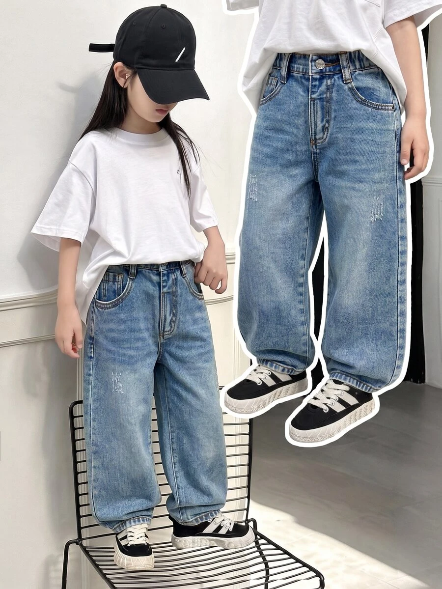 SHEIN Young Girl Y2K Street Daily Elastic Waist Straight Jeans With Flat Pockets Daily OOTD Autumn Winter - Medium Wash - View 1