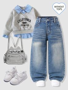 SHEIN Young Girl Y2K Street Daily Elastic Waist Straight Jeans With Flat Pockets Daily OOTD Autumn Winter - Medium Wash - View 3