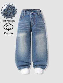 SHEIN Young Girl Y2K Street Daily Elastic Waist Straight Jeans With Flat Pockets Daily OOTD Autumn Winter - Medium Wash - View 4