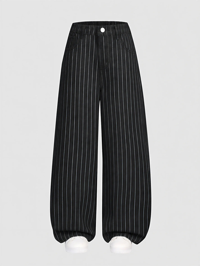 SHEIN Girls' New Summer Fashion Blue Striped Loose Straight Leg Casual Wide Leg Denim Jeans, Comfortable Elastic Waistband, Relaxed Fit, Soft Cotton Fabric, Suitable For Holiday, Daily Wear, School, Commute, Party, Festival