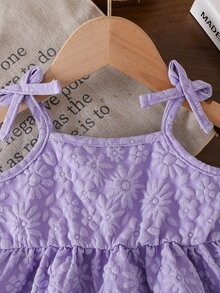 SHEIN Vintaside Kids 女嬰夏季紫色天藍色3D花朵吊帶上衣牛仔短褲套裝，蝴蝶結裝飾，適合日常外出、休閒牛仔風旅行、家庭聚會、派對 - 紫色 - 查看 8