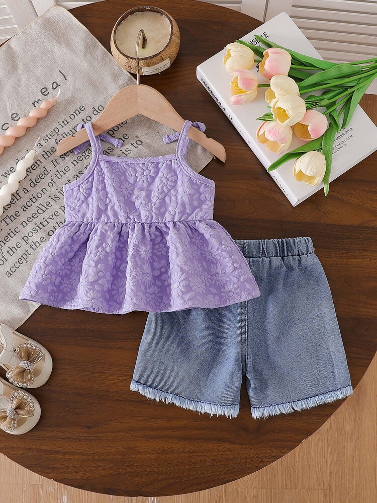 SHEIN Vintaside Kids Baby Girls Summer Purple Sky Blue 3D Flower Camisole Denim Shorts Set With Bow Details, Daily Outings, Casual Cowgirl Trips, Family Gatherings, Party - Purple - View 2