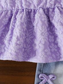 SHEIN Vintaside Kids 女嬰夏季紫色天藍色3D花朵吊帶上衣牛仔短褲套裝，蝴蝶結裝飾，適合日常外出、休閒牛仔風旅行、家庭聚會、派對 - 紫色 - 查看 7