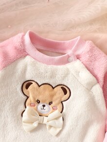 SHEIN 新生女嬰法蘭絨2件套服裝,刺繡泰迪熊與蝴蝶結衛衣+長褲 - 粉色 - 查看 6