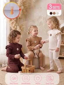 Vintaside Kids 女童 3 件套春/秋返校套裝，奶油色/淺棕色/紅棕色，柔軟韓系甜美風複合絨毛布料，直條紋彈性羅紋素色 3D 花朵圖案，半高領荷葉袖長袖上衣與長褲兩件套，適合返校、外出、日常穿著，女童套裝 - 彩色 - 查看 3