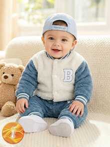 SHEIN Playful Pals Baby Boys Soft Plush Embroidered Letter Contrast Color Personalized Jacket & Pants Set - Blue - View 11