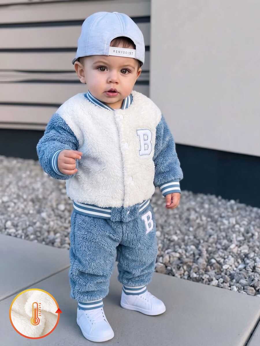SHEIN Playful Pals Baby Boys Soft Plush Embroidered Letter Contrast Color Personalized Jacket & Pants Set