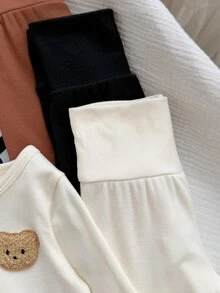 SHEIN 6件組新生女嬰包覆上衣+長褲，可愛棕白熊刺繡條紋長袖圓領常規款，戶外秋季聖誕內搭 - 棕色 - 查看 6