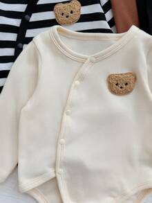 SHEIN 6件組新生女嬰包覆上衣+長褲，可愛棕白熊刺繡條紋長袖圓領常規款，戶外秋季聖誕內搭 - 棕色 - 查看 4