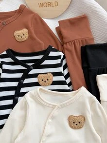 SHEIN 6件組新生女嬰包覆上衣+長褲，可愛棕白熊刺繡條紋長袖圓領常規款，戶外秋季聖誕內搭 - 棕色 - 查看 5