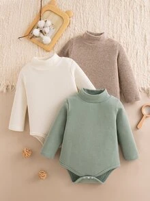 SHEIN Vintaside Kids 3件組男嬰連身衣 可愛鼠尾草綠與白色 華夫格針織羅紋 長袖小立領 常規款 生日派對 秋季 聖誕 冬季節日套頭衫 - 彩色 - 查看 8