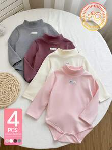 SHEIN 4件組女嬰假領連身衣 甜美可愛 粉色奶油色酒紅灰色 羅紋長袖高領 加厚修身款 生日派對冬季萬聖節秋季穿著 - 彩色 - 查看 3