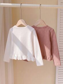 SHEIN Elladie kids 女童純色長袖針織開襟衫簡約風多件套裝，適合春秋休閒日常穿著 - 彩色 - 查看 2