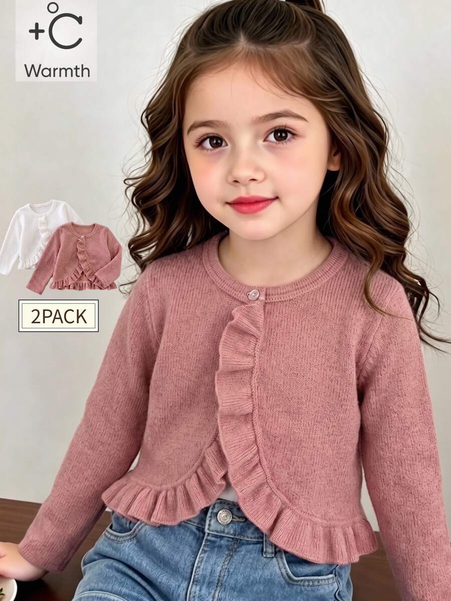 SHEIN Elladie kids 女童純色長袖針織開襟衫簡約風多件套裝，適合春秋休閒日常穿著 - 彩色 - 查看 1