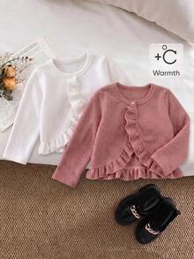 SHEIN Elladie kids 女童純色長袖針織開襟衫簡約風多件套裝，適合春秋休閒日常穿著 - 彩色 - 查看 8