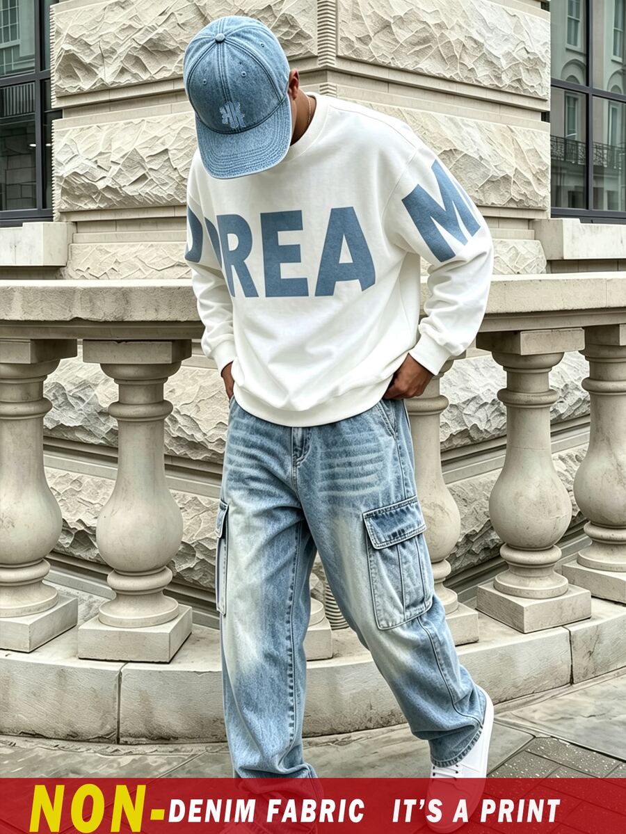 2件組 青少年男孩時尚極簡舒適圓領運動衫與工裝褲,簡單英文印花設計,適合假期派對、休閒舒適,男孩春/秋/冬首選,街頭風休閒穿搭,返校聚會 - 彩色 - 查看 1