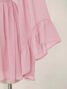 SHEIN ICON 女士优雅纯色收腰喇叭袖迷你连衣裙，秋季 - 粉色 - 查看 9