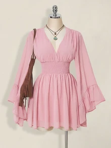 SHEIN ICON 女士优雅纯色收腰喇叭袖迷你连衣裙，秋季 - 粉色 - 查看 11