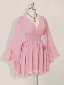 SHEIN ICON 女士优雅纯色收腰喇叭袖迷你连衣裙，秋季 - 粉色 - 查看 4