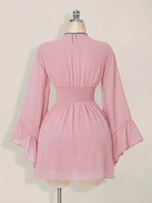SHEIN ICON 女士优雅纯色收腰喇叭袖迷你连衣裙，秋季 - 粉色 - 查看 2
