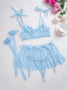 SHEIN 情人節浪漫蕾絲3D花卉內衣套裝，丁字褲、蕾絲芭蕾舞裙、2雙襪子，4件組 - 藍色 - 查看 7