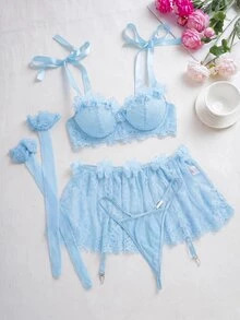 SHEIN 情人節浪漫蕾絲3D花卉內衣套裝，丁字褲、蕾絲芭蕾舞裙、2雙襪子，4件組 - 藍色 - 查看 5