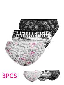 AltBold 3pcs Plus Size Gothic Print Triangle Panties - Black and White - View 1