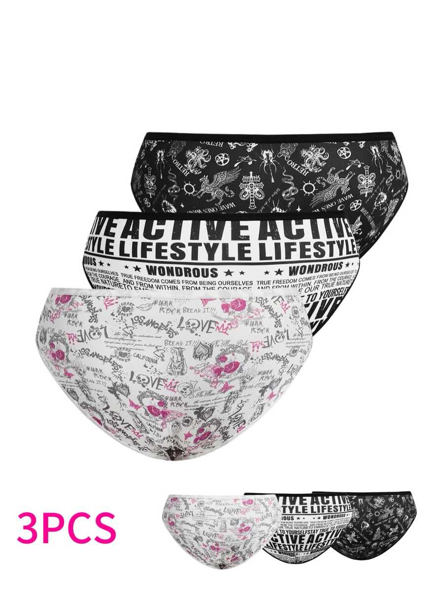 AltBold 3pcs Plus Size Gothic Print Triangle Panties - Black and White - View 1
