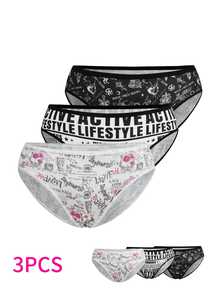 AltBold 3pcs Plus Size Gothic Print Triangle Panties - Black and White - View 2