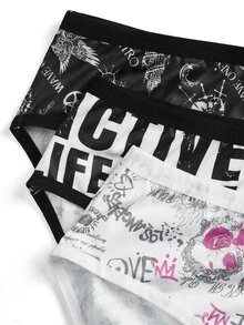 AltBold 3pcs Plus Size Gothic Print Triangle Panties - Black and White - View 3