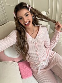 SweetSlumber Women's Bow Decor Long Sleeve Top And Long Pants Pajama Set - Pink - View 4