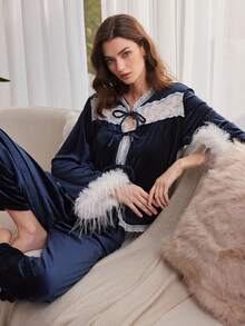Moireta Elegant Noble French Hollow Lace Patchwork Tie Bow Comfortable Plush Exaggerated Fringed Women's Pajama Set - Dusty Blue - View 3