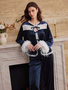Moireta Elegant Noble French Hollow Lace Patchwork Tie Bow Comfortable Plush Exaggerated Fringed Women's Pajama Set - Dusty Blue - View 5