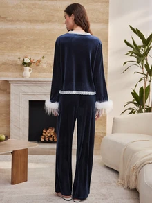 Moireta Elegant Noble French Hollow Lace Patchwork Tie Bow Comfortable Plush Exaggerated Fringed Women's Pajama Set - Dusty Blue - View 2