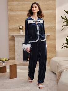 Moireta Elegant Noble French Hollow Lace Patchwork Tie Bow Comfortable Plush Exaggerated Fringed Women's Pajama Set - Dusty Blue - View 6