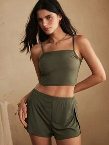 SHEIN Casual Underwear&Sleepwear Women's Solid Color Simple Style Daily Cami Top & Shorts Set, Loungewear Outfit - Green - View 6