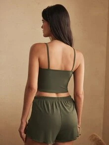SHEIN Casual Underwear&Sleepwear Women's Solid Color Simple Style Daily Cami Top & Shorts Set, Loungewear Outfit - Green - View 2