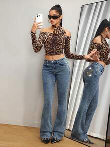 SHEIN Tall 高個子復古街頭風 Y2K Grunge 低腰哥德式刺繡骷髏性感修身喇叭牛仔褲 萬聖節外出夜店穿搭 藍色夏季 - 深色水洗藍 - 查看 3