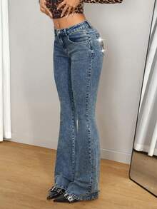 SHEIN Tall 高個子復古街頭風 Y2K Grunge 低腰哥德式刺繡骷髏性感修身喇叭牛仔褲 萬聖節外出夜店穿搭 藍色夏季 - 深色水洗藍 - 查看 6